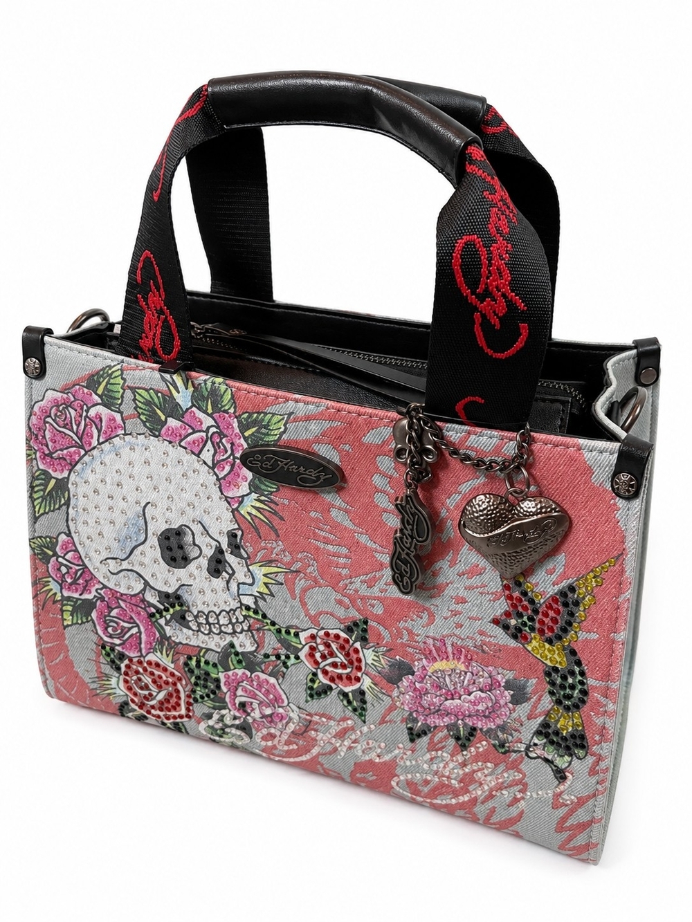 🆕️Ed Hardy Skull Rose Denim Tote Bag NWT Rhinestone Charm Crossbody Blue